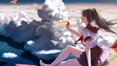 Clouds sky barefoot hatsune miku vocaloid seifuku twintails