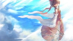 Clouds sky dress staff flying Ribbons red dress bows smiling 