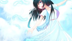 Clouds sky feathers Anime anime girls blue eyes brunettes skies