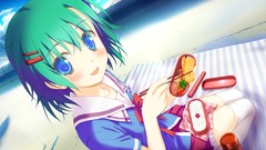 Clouds sky food stockings blush anime girls blue eyes short 