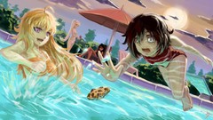 Clouds sky moon Anime anime girls rwby ruby rose weiss schnee 