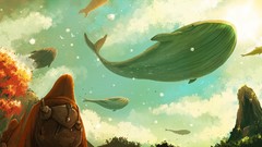 Clouds sky ocean Whales surreal pointing artwork Backpacks