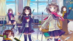 Clouds sky paper Anime glasses anime girls seifuku earmuffs