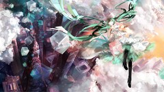 Clouds Skyscrapers dress flying buildings cities long hair 