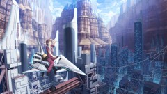 Clouds Skyscrapers flying sitting buildings cities anime girls 
