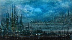 Clouds Skyscrapers paintings science fiction cityscapes artwork 
