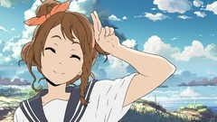 Clouds smiling anime girls closed eyes brunettes school 