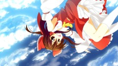Clouds socks flying red dress bows skirts smiling long hair 
