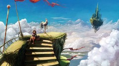 Clouds Station sitting flying ship Banners blue skies fantasy 