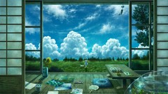 Clouds Sunflowers Dogs goldfish fans anime girls scenic 