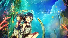 Clouds text moon woman Plants Anime dress sitting multicolor 