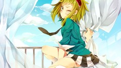 Clouds text tie socks curtains skirts anime girls green eyes 
