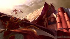 Clouds text weapons Dragons Knights armor Warriors rocks 