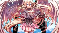 Clouds text wings blondes skirts long hair blue eyes braids 