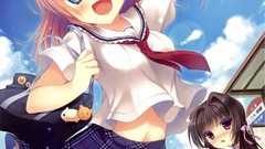 Clouds tie Bus stop anime girls blue eyes brunettes school 