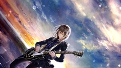 Clouds tie guitars skirts smiling long hair anime girls closed 