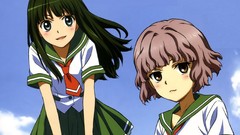 Clouds tie pink hair long hair anime girls green eyes brown 