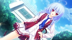 Clouds tie red eyes blue hair school uniforms braids mikagami 