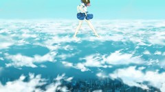 Clouds tie skirts barefoot anime girls brunettes short hair 