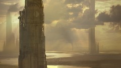 Clouds tower buildings artwork fantasy art futuristic