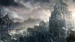 Clouds tower old buildings artwork fantasy art