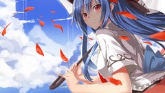 Clouds Umbrellas hats red eyes blue hair long hair skies bangs 