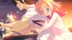 Clouds Vespa hugging blush anime girls blue eyes short hair 