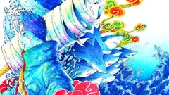 Clouds weapons Anime Sharks waves blue hair bandages akatsuki 