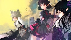 Clouds weapons Birds dress tie hats shield white hair red eyes 