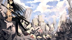 Clouds weapons Birds glasses ruins Shorts red eyes sitting 