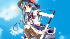 Clouds weapons dress hats red eyes rocks Swords blush blue hair 