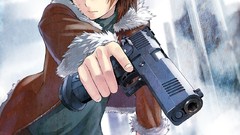 Clouds weapons Guns Anime coat cities blue eyes brown eyes 
