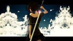 Clouds weapons Katana red eyes Swords anime girls brunettes 