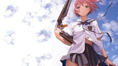 Clouds weapons Ribbons schoolgirls skirts pink hair anime girls 