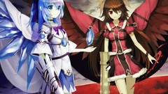 Clouds weapons wings crystals red eyes bows skirts blue hair 