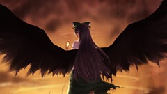 Clouds weapons wings red eyes cracks skirts smiling long hair 