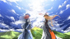 Clouds wind hills dress back hats Friends Ribbons outdoors 