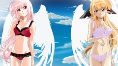 Clouds wings Anime red eyes blondes angels pink hair anime 