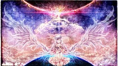 Clouds wings dress white hair planets wreath long hair anime 