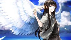 Clouds wings feathers Anime angels smiling long hair anime 