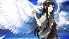 Clouds wings feathers dress Beaches angels long hair anime 