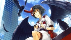 Clouds wings red eyes sitting buildings masks ipod earphones 