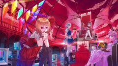 Clouds wings vampire red eyes pink hair anime girls blue eyes 