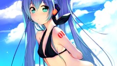 Clouds woman Anime Manga Beaches blue hair long hair blue eyes 