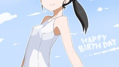 Clouds woman Anime Manga ponytails black hair black eyes animal 