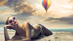 Clouds woman Beaches sunglasses skies models lying down bikini 