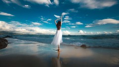 Clouds woman Beaches white dress girls in nature