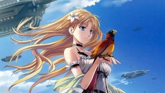 Clouds woman Birds Anime airship outdoors blondes blue eyes 
