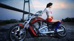 Clouds woman Bridges skies motorbikes girls with bikes