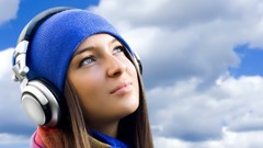 Clouds woman cap headphones outdoors scarfs brown eyes 